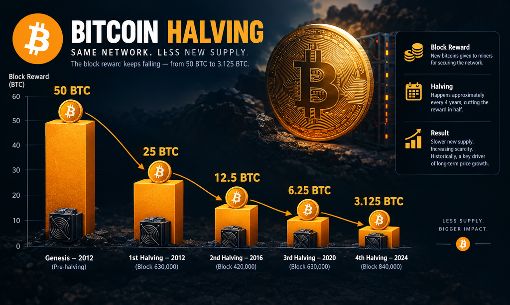 Chart of Bitcoin block rewards falling with each halving